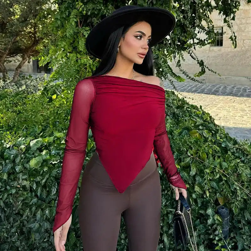Off-Shoulder Mesh Sleeve Top